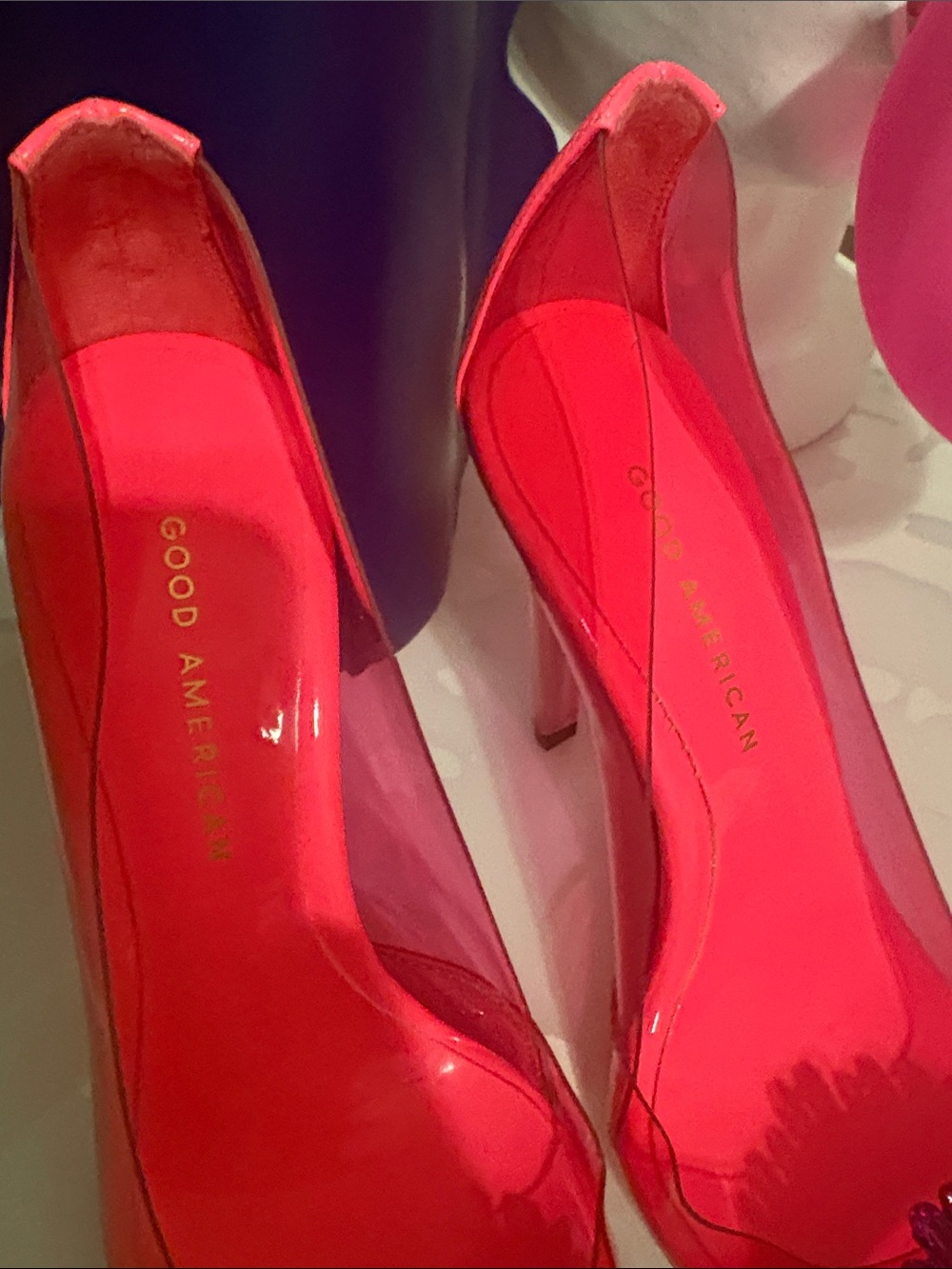 Good American Hot Pink Patent Pointed Toe Pumps with Pink Gem Buckles - Picture 3 of 5